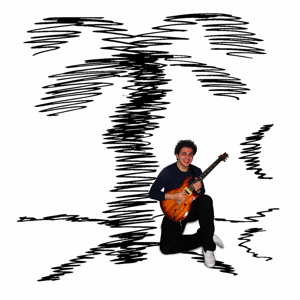 Andres playing guitar on a hand-drawn island beneath a tree